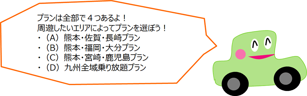 プランは全部で4つあるよ！周遊したいエリアによってプランを選ぼう。・（A）熊本・佐賀・長崎プラン・（B）熊本・大分・福岡プラン・（C）熊本・宮崎・鹿児島プラン・（D）九州全域乗り放題プラン